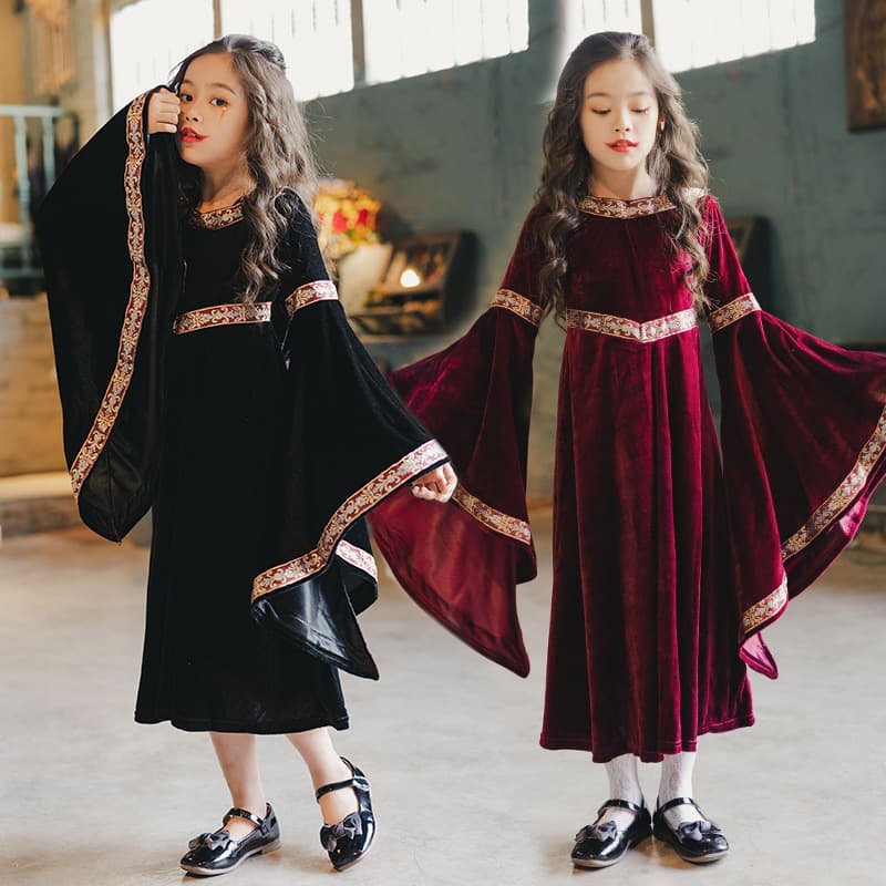 Halloween Kids Costume Vintage Court Children's Witch Little Red Riding Hood Long Sleeve Medieval Renaissance Dress
