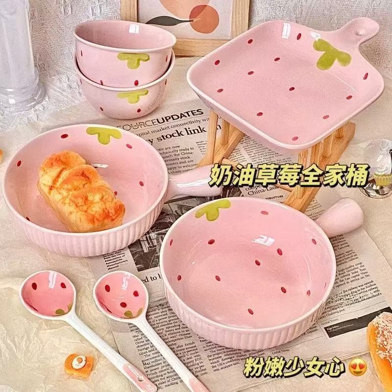 High Appearance Cute Girl Strawberry Ceramic Bowl Plate Set, Handle Plate Rice Bowl Noodle Tableware