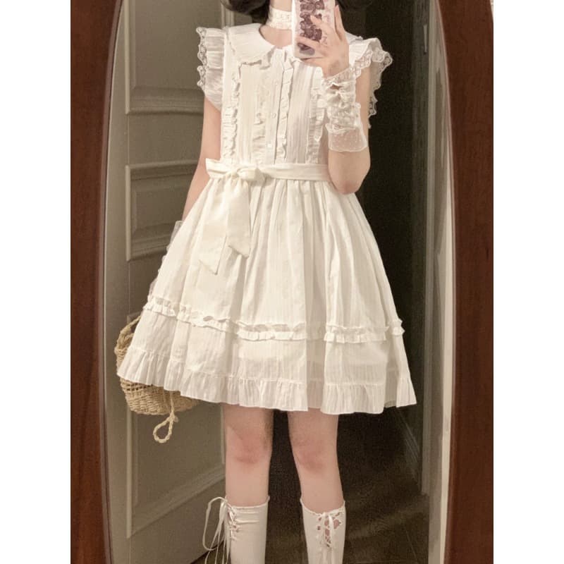 Girls Summer White Dress 2026 New Sweet Doll Collar Flutter Sleeve Princess Dress Short Skirt