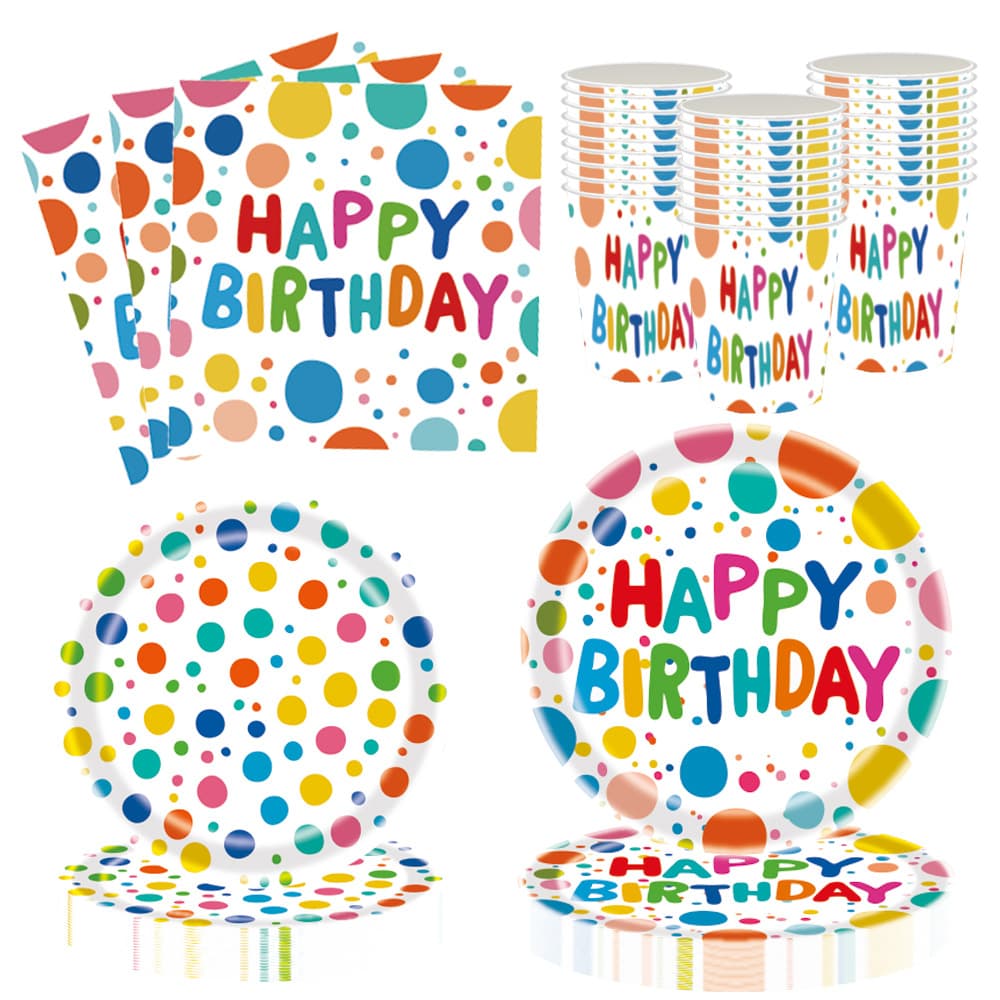 Colorful polka dot theme birthday party tableware set HAPPY BIRTHDAY disposable paper plates, cups, paper towels