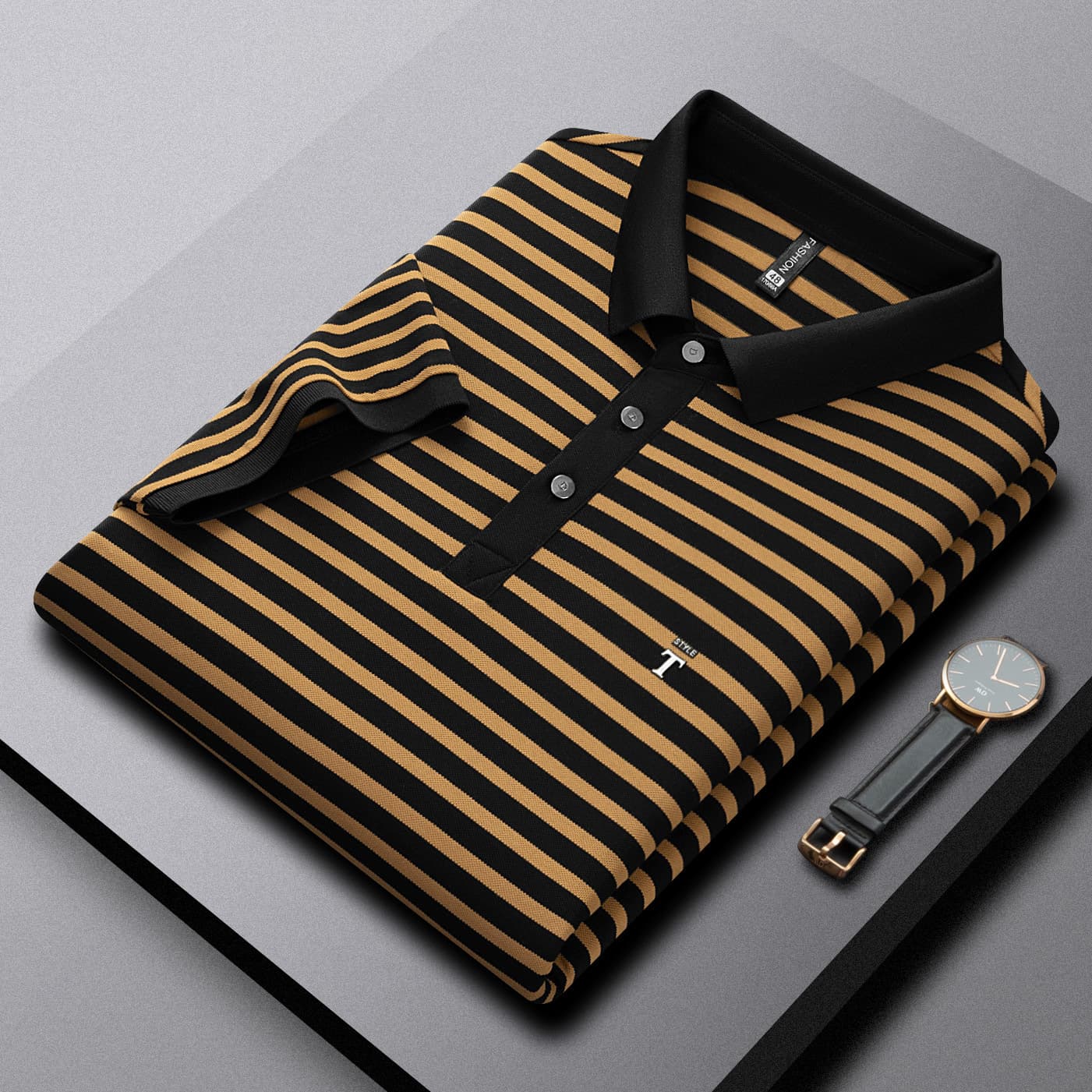 High-End Mid-Aged Short Sleeve T-Shirt Men Turn-Down Collar Striped Men's Polo Shirt Autumn Casual Men's T-Shirt Base Layer Cotton T