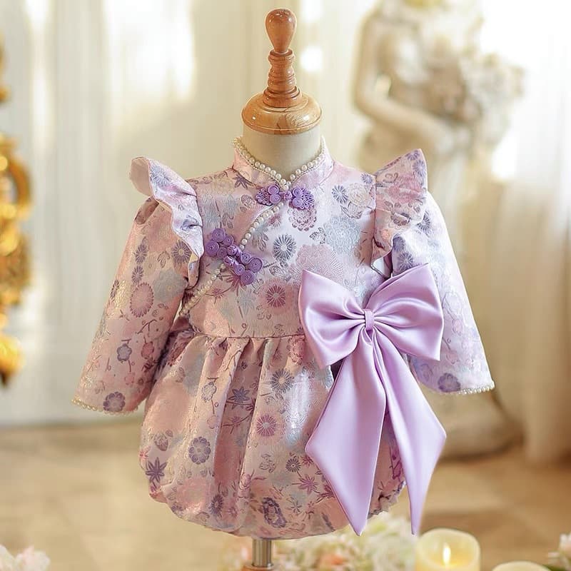 Baby Girl First Birthday Dress, Flutter Sleeve Little Princess, Crawling & 100-Day Celebration Bodysuit, Chinese-Style Tang Suit Crown Outfit, Summer