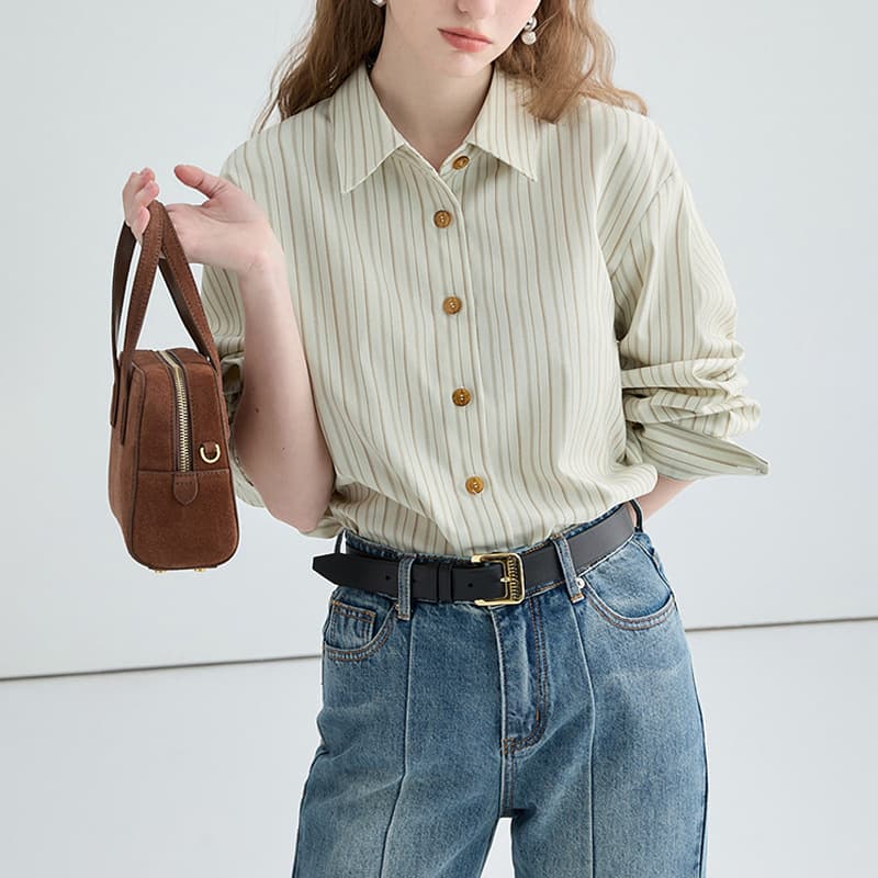Striped Blouse for Women, Designer Style, Loose Fit, Slimming Long Sleeve Top, 2023 Spring New Arrival