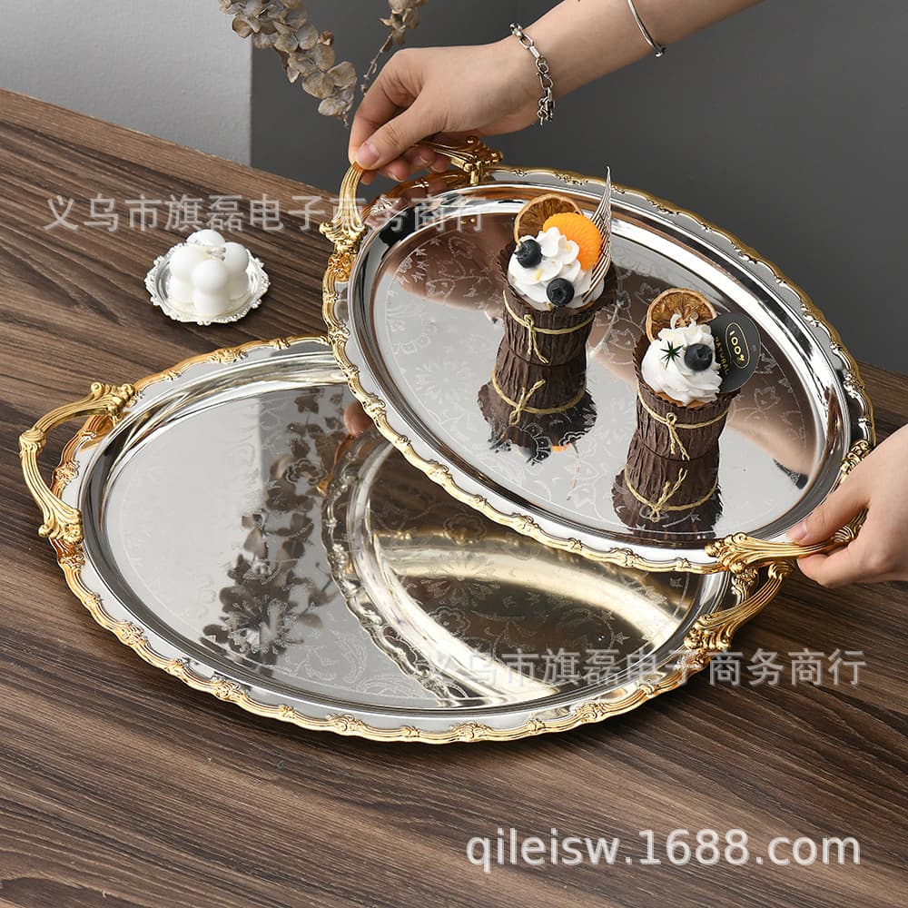 Silver Edged Fruit Tray European Style Plated Silver Vintage Craft Plate Hotel Afternoon Tea Cake Tray Jewelry Packaging Display