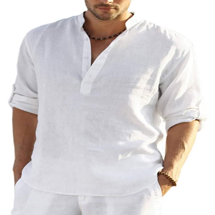 2025 New Independent Station Foreign Trade European and American Men's Casual Cotton Linen Solid Color Long Sleeve Shirt Loose Stand Collar Shirt for Men