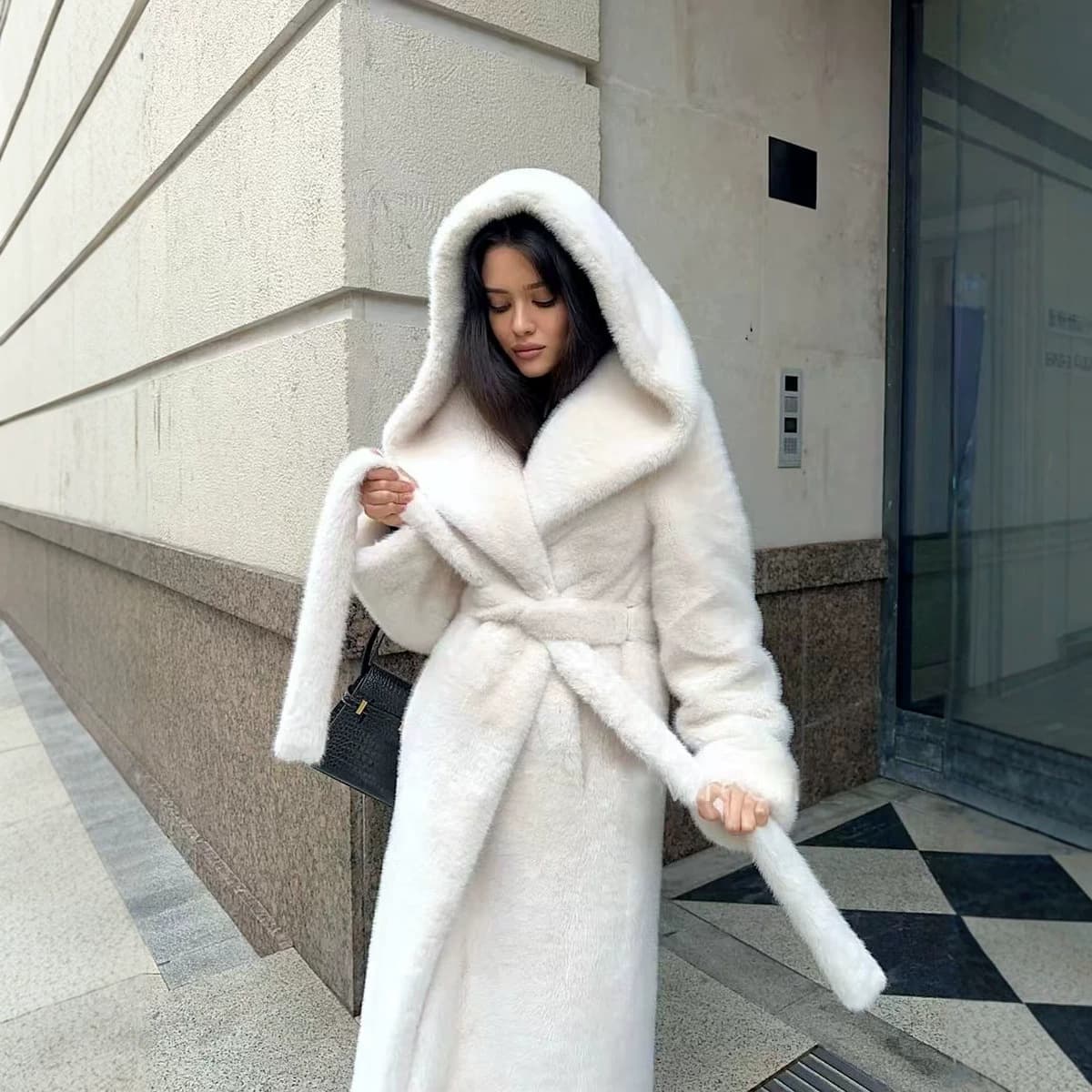 Cross-border Mink Fur Imitation Fur Coat Long Style Faux Fur Coat with Hood and Belt Plush Clothing