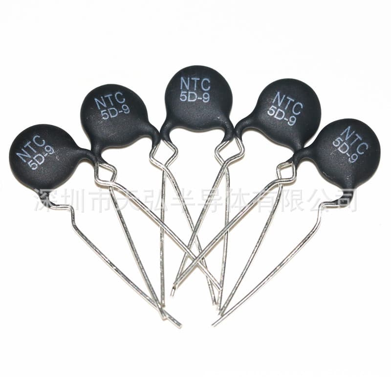 Thermistor 5D-9 NTC series, MF72 power type negative temperature thermistor, 9mm diameter.