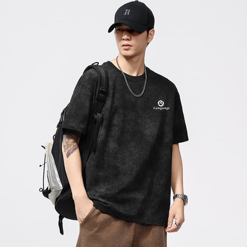T3512|Plus Size Men's Summer New 260G Heavyweight Sand-Washed T-Shirt Men Loose Streetwear Drop Shoulder Graphic Short Sleeve