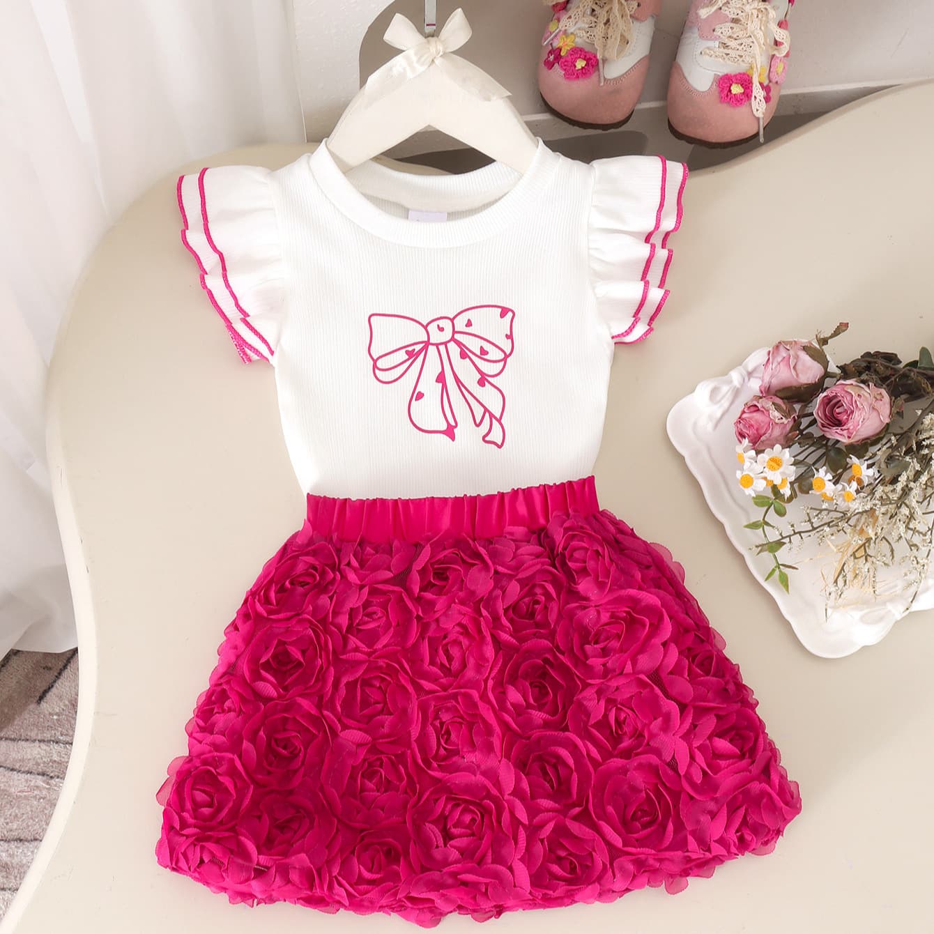 Girls' rose puffy dress with flying sleeves and bow print pit pattern top three-dimensional rose gauze skirt summer