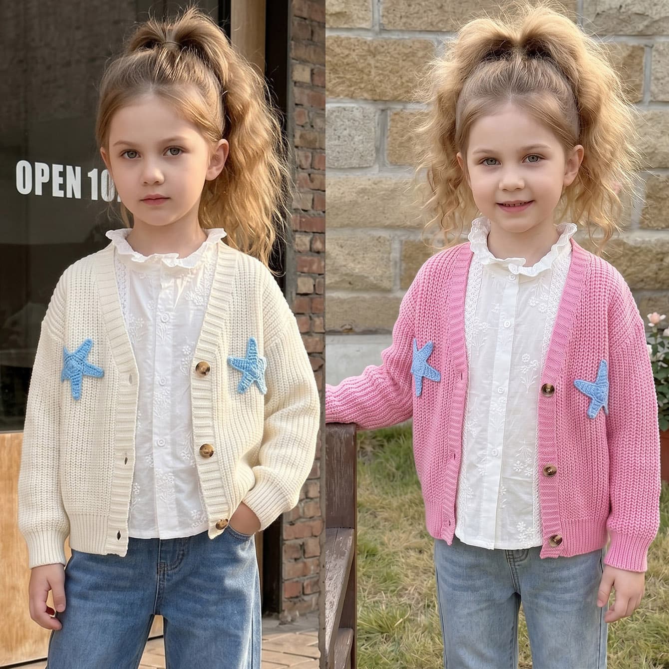 New Girls' Knitted Button Sweater Jacket Spring and Autumn Children's Solid Color Handhook Star Long Sleeve Top Children's Clothing Women
