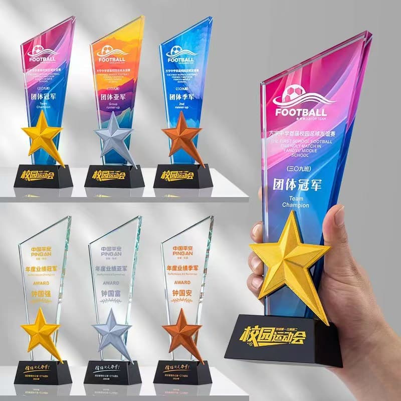 Resin Crystal Trophy Medal Custom Metal Souvenir Engraving Award Annual Meeting Crystal Trophy Five-Pointed Star