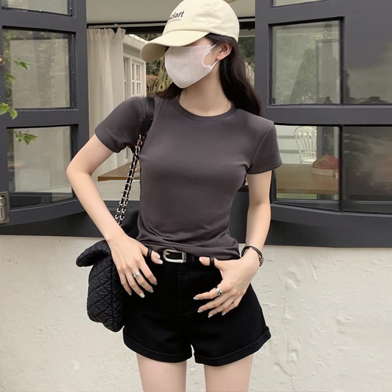 Pure Cotton Short-Sleeve T-Shirt for Women Summer 2026 New Style Slim Fit Flattering Cropped Top for Petite Figures Regular Shoulder Crew Neck Blouse