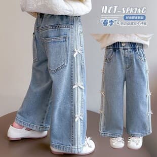 Baby Jeans Kids Fashion Wide-Leg Pants 2026 New Style Bow Pants Girl Tube Pants Korean Spring Autumn Style
