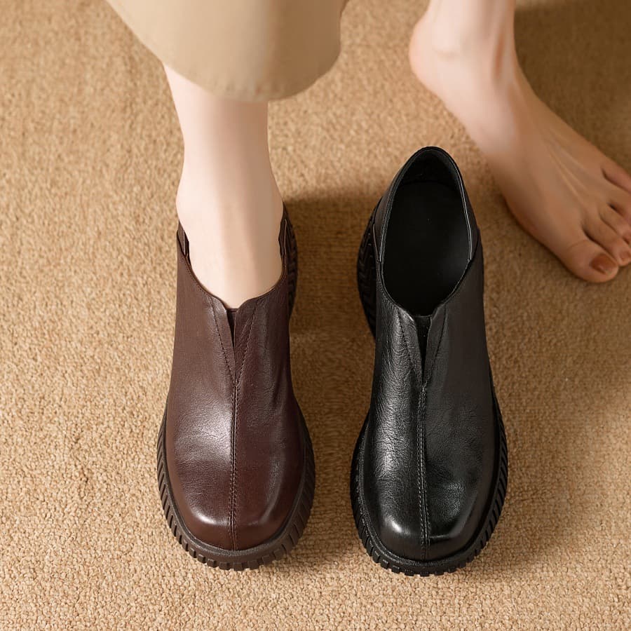 Retro High-Heeled British-Style Leather Shoes for Petite Women, Thick-Soled Height-Increasing Slip-On Minimalist Chunky Heel Loafers