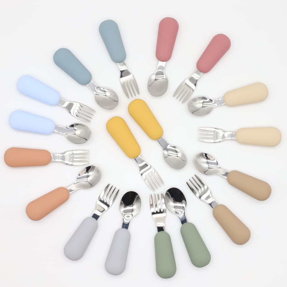 In-Stock Wholesale Food-Grade Silicone Spoon and Fork Sets, Infant Stainless Steel Utensils, Children's Meal Training Food Spoons