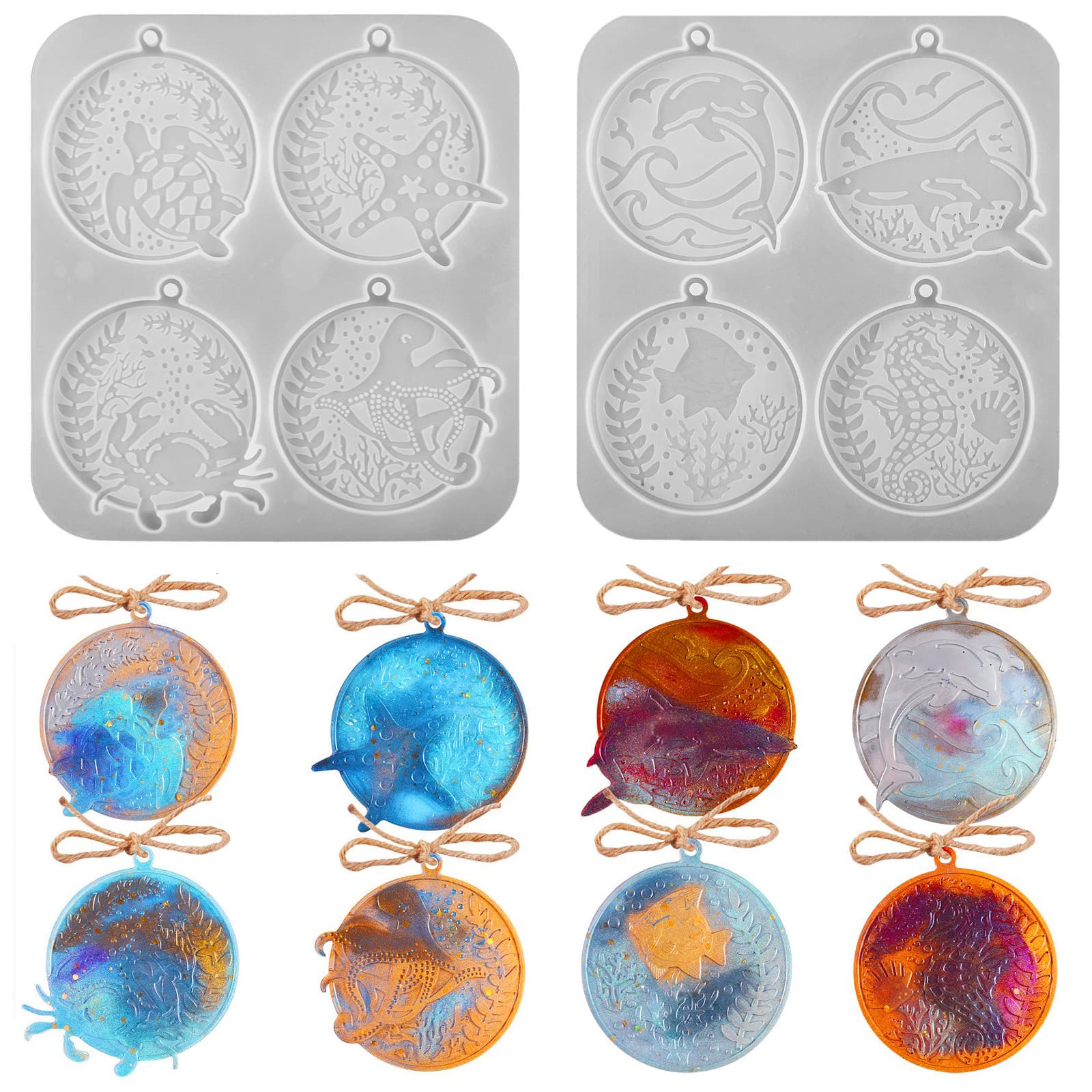 Ocean Animal Pendant Tag Resin Silicone Mold, Epoxy DIY Turtle Dolphin Starfish Seahorse Ornament Charm