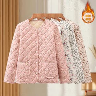 Mom's New Autumn Winter Floral Print Warm Top for Elderly Women Fleece-Lined Round Neck Lightweight Cotton Jacket Short Coat