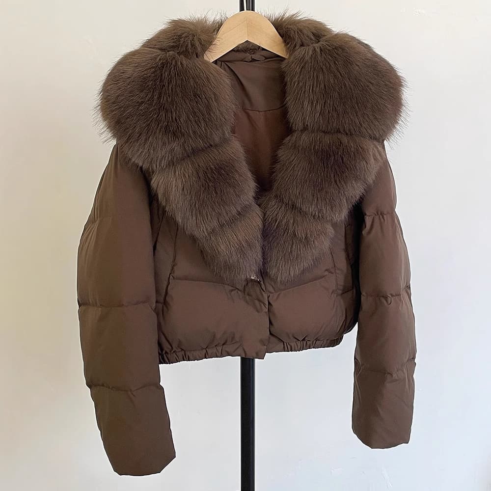 Women's Short Winter Puffer Jacket with Faux Fox Fur Collar, White Duck Down, Stylish and Versatile, Cross-Border Hot Sale