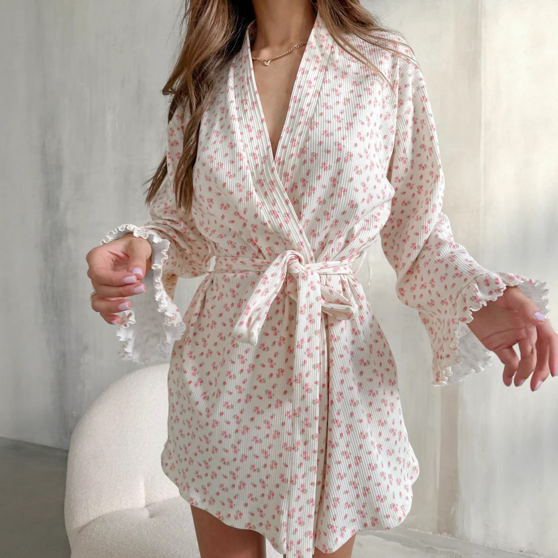 Knit Printed Long Sleeve Tie-Strap Ribbed Lace Robe 2026 European & American Fall/Winter Cross-Border Bathrobe Sleepwear Loungewear for Women
