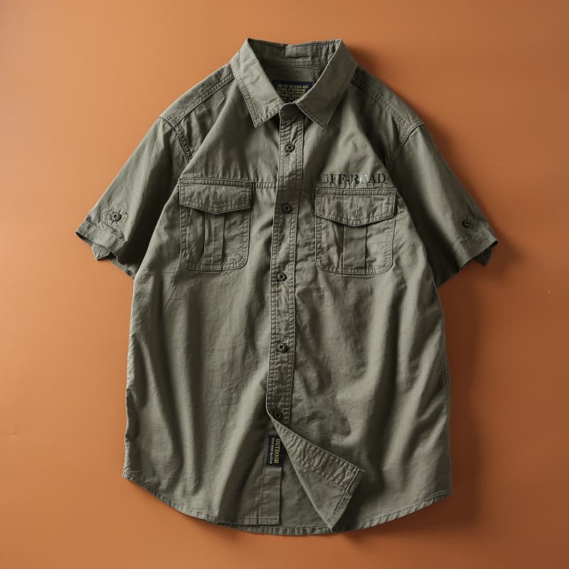 2026 Summer Cotton Washed Workwear Casual Short Sleeve Shirt Loose Men's Half Sleeve Military Style Shirt Trendy