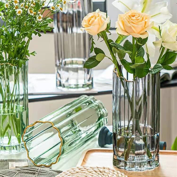 Modern creative transparent gold-painted straight glass vase ornaments Nordic living room flower arrangement rich bamboo dried flowers