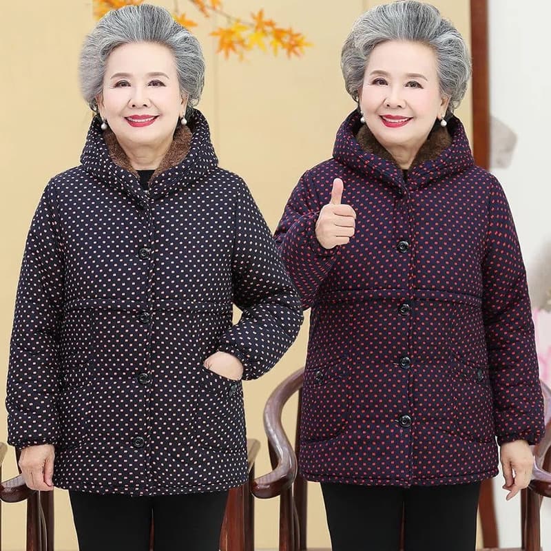 Elderly Women's Cotton Coat for Ages 70-80, Short Padded Jacket for Grandma, Winter Quilted Hooded Coat with Fleece Lining
