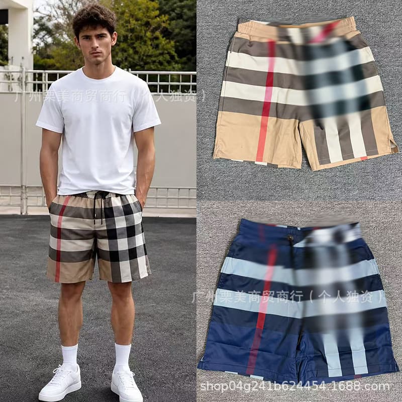 Triple-standard compliant cross-border original Bur men's classic plaid shorts summer British style striped plaid beach shorts