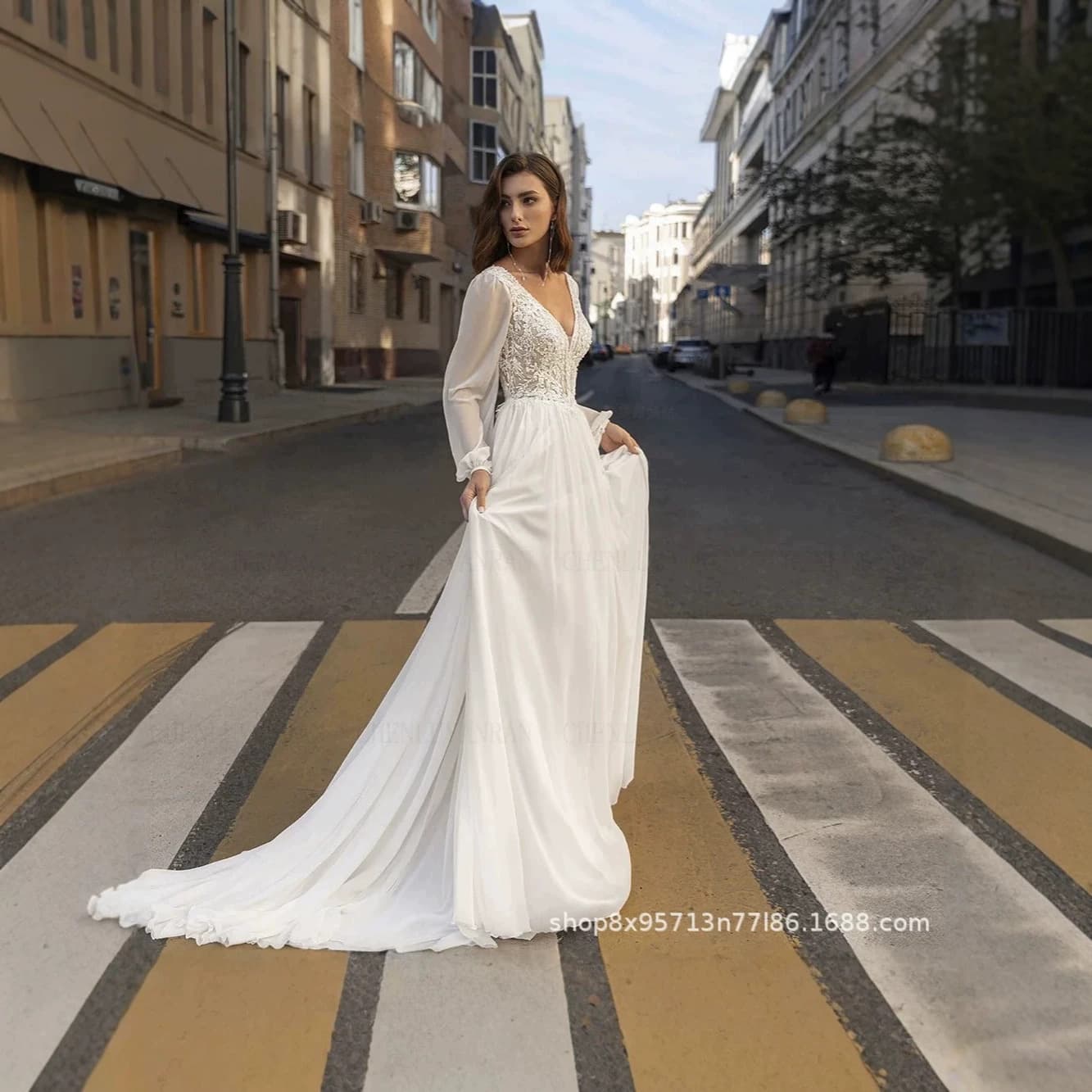 Cross-border Trade Chic Summer Amazon Wish Chiffon V-Neck Long Dress Dropshipping European and American New Light Wedding Dress