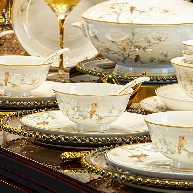 Premium Bowl and Plate Set for Home, 5-Piece New Jingdezhen Bone China Dinnerware, Chinese Ceramic Bowls and Plates for Housewarming