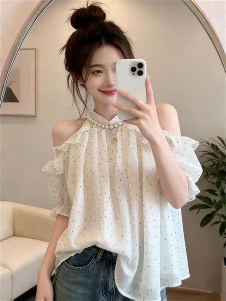 Summer new style ruffled trumpet short-sleeved halter neck off-shoulder chiffon shirt women's round neck beaded temperament polka dot top