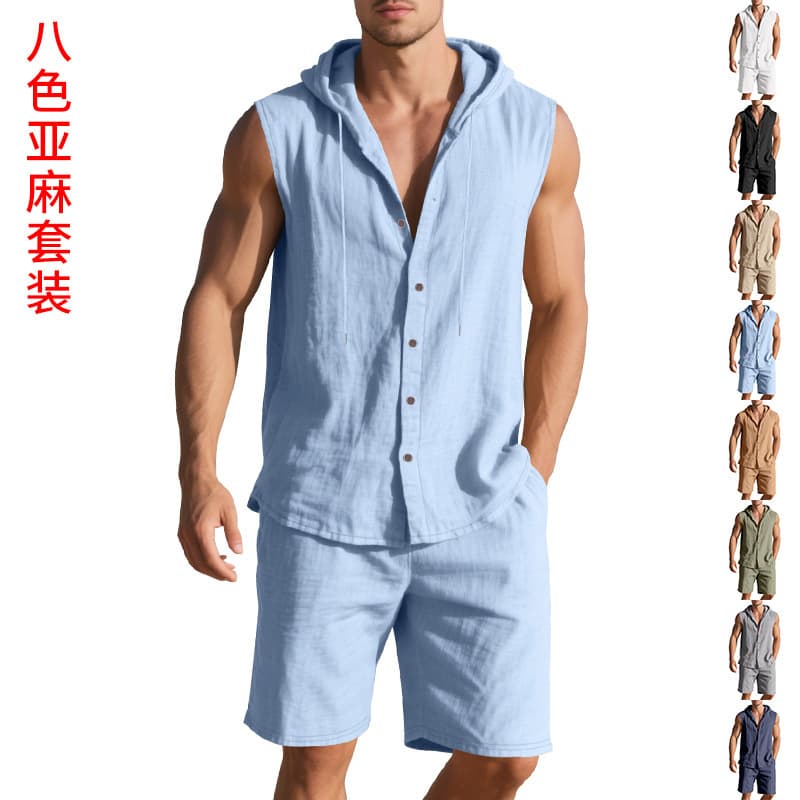 25 Cross-Border Amazon Summer Linen Set Men's Casual Sleeveless Vest Hooded Linen Shirt Shorts Set
