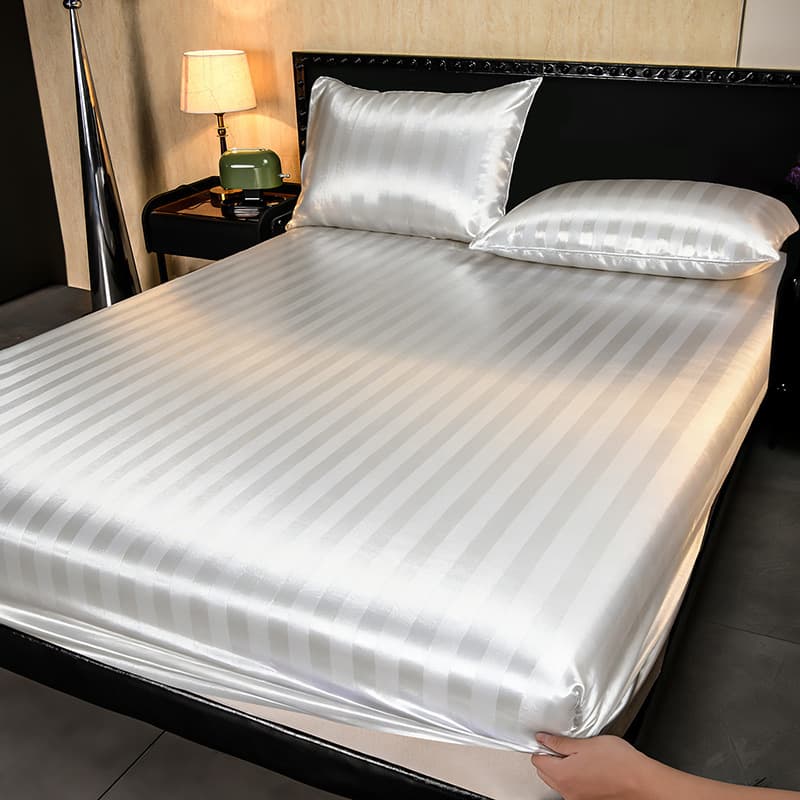 Cross-border Pure White Fitted Sheet Single Piece Hotel Bedspread Satin Stripe Full-Wrap Elastic Band Bed Sheet Pillowcase