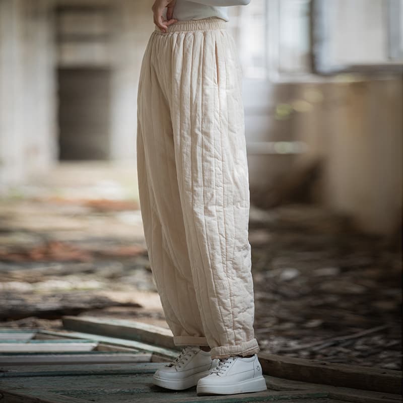 25 Winter New Style Cotton Linen Women's Pants, Thickened, Warm, Casual Pants, Quilted Vertical Stripe, Unique and Niche Style Women's Cotton Pants