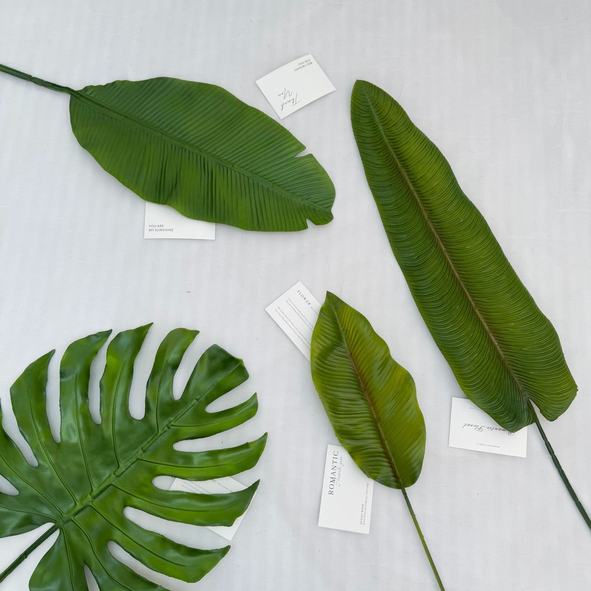 Artificial Banana Leaf, Fan Palm Leaf, and Monstera Leaf for Tropical Rainforest Wedding Scene Decoration, Store Display, Silk Flower Leaves