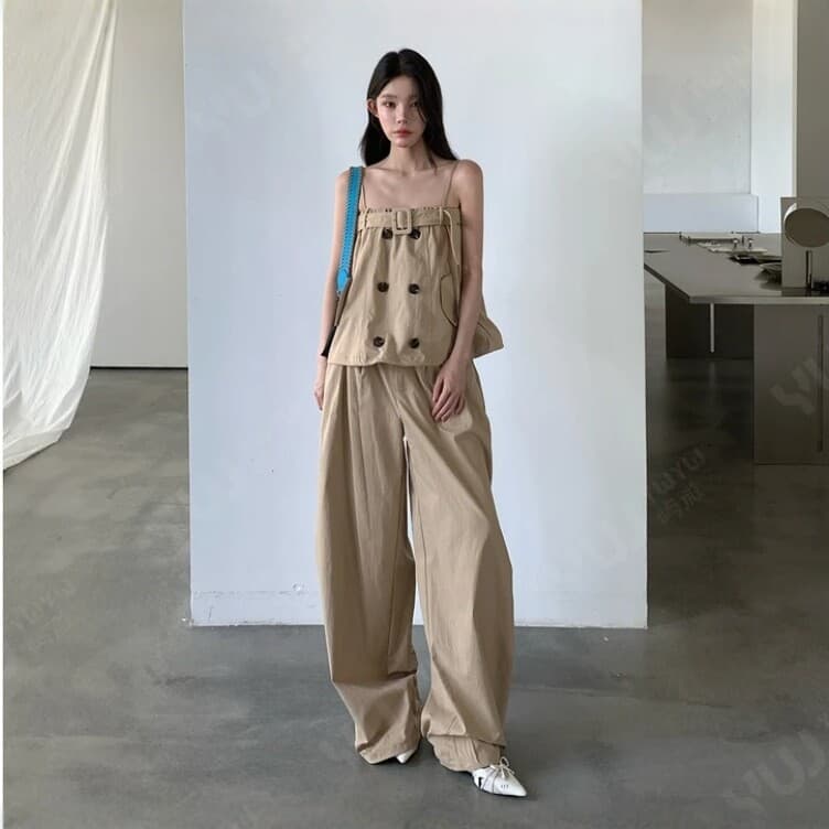 Korean New Style Casual Jumpsuit Set with Camisole and Wide-Leg Pants for Women Summer Fashion Two-Piece Set