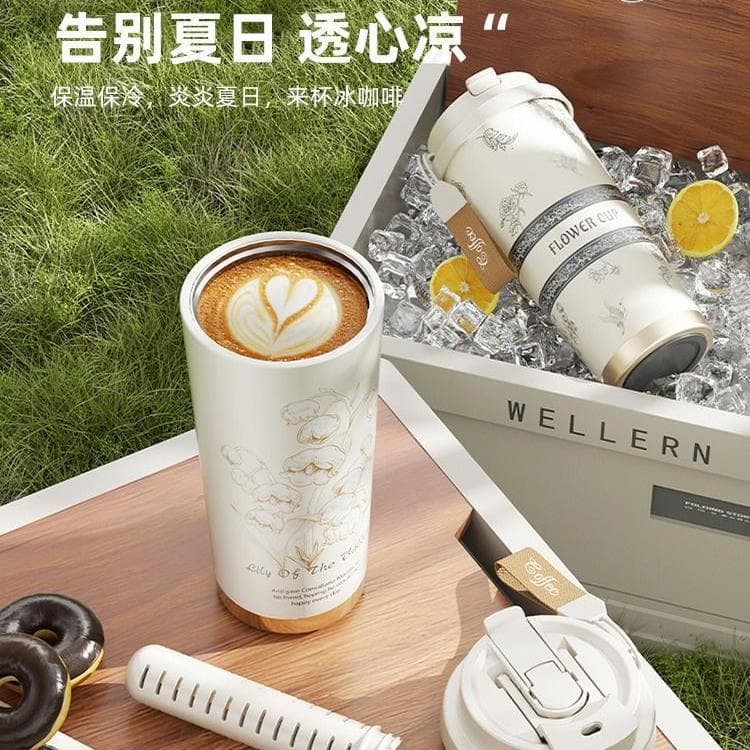 High-Aesthetics 316 Ceramic Inner Double-Drink Coffee Straw Tea Cup, New Lily of the Valley Insulated Tumbler for Women