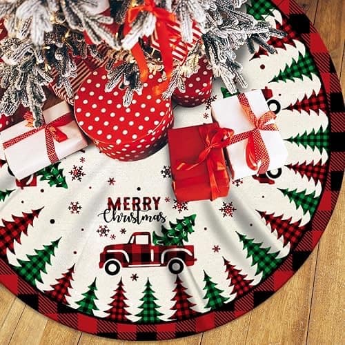 New Cross-border Christmas Tree Skirt with Gnome and Truck Design, Red and Black Plaid Base