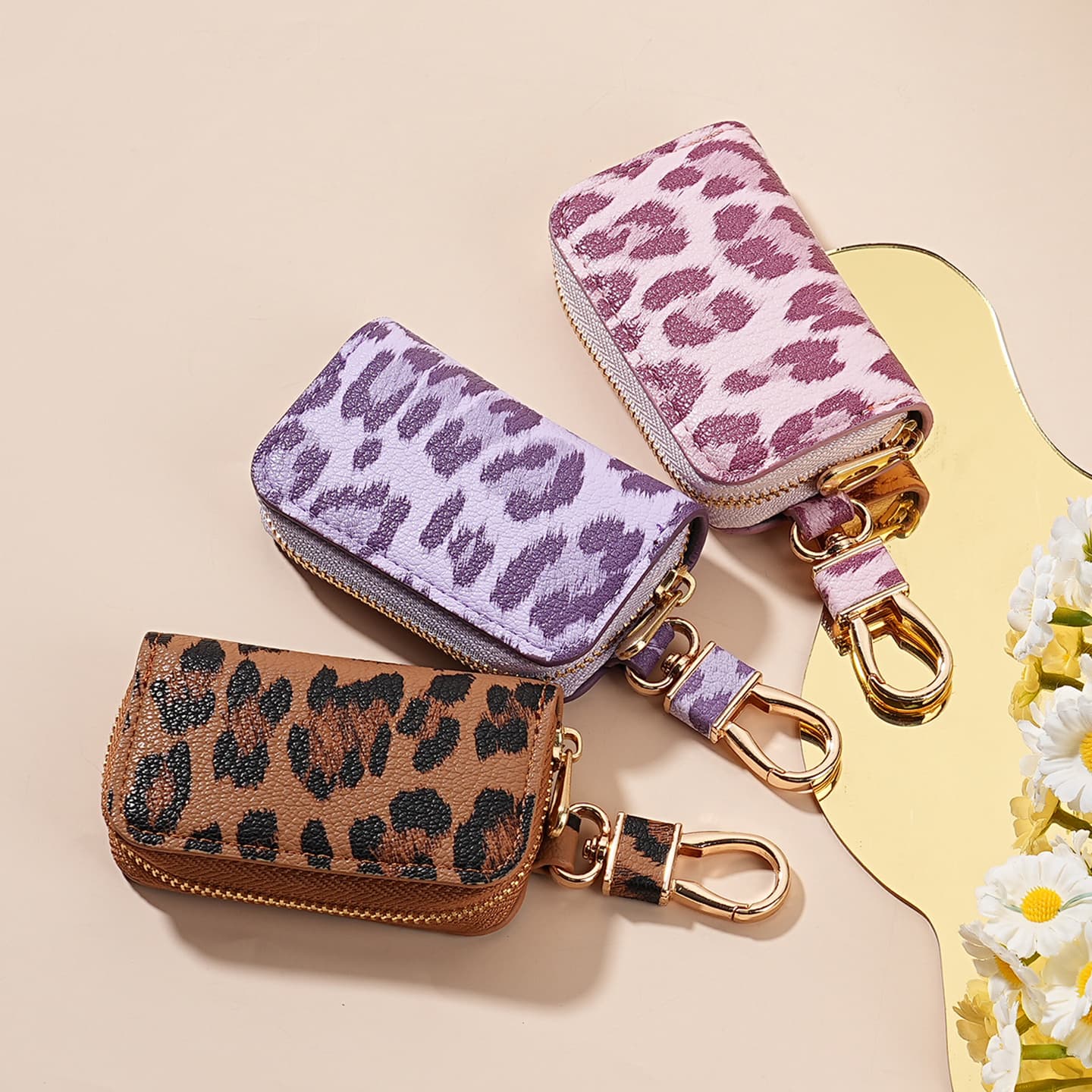 New Car Key Case Unisex Car Key Storage Bag, Creative Leopard Print Leather Accessory Keychain