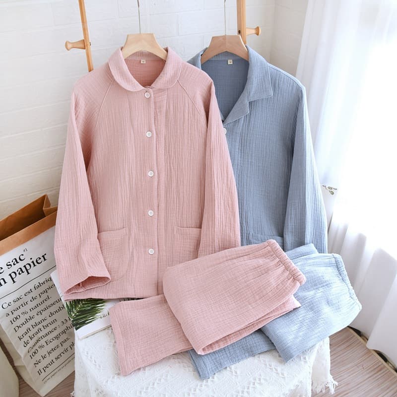 Women's Pure Cotton Four-Layer Gauze Couple Pajamas for Spring, Autumn, and Winter, Men's Casual Plus Size Set