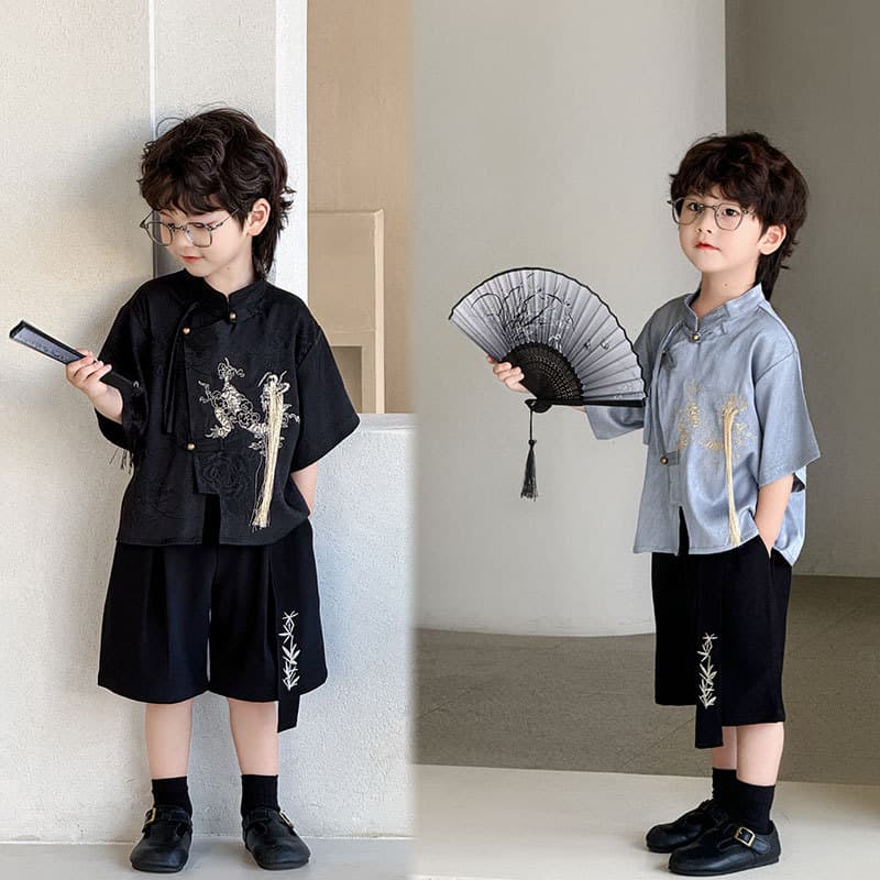 Boys suit 2025 summer new style stand collar unicorn embroidered top trendy Chinese style children's national style one piece drop shipping