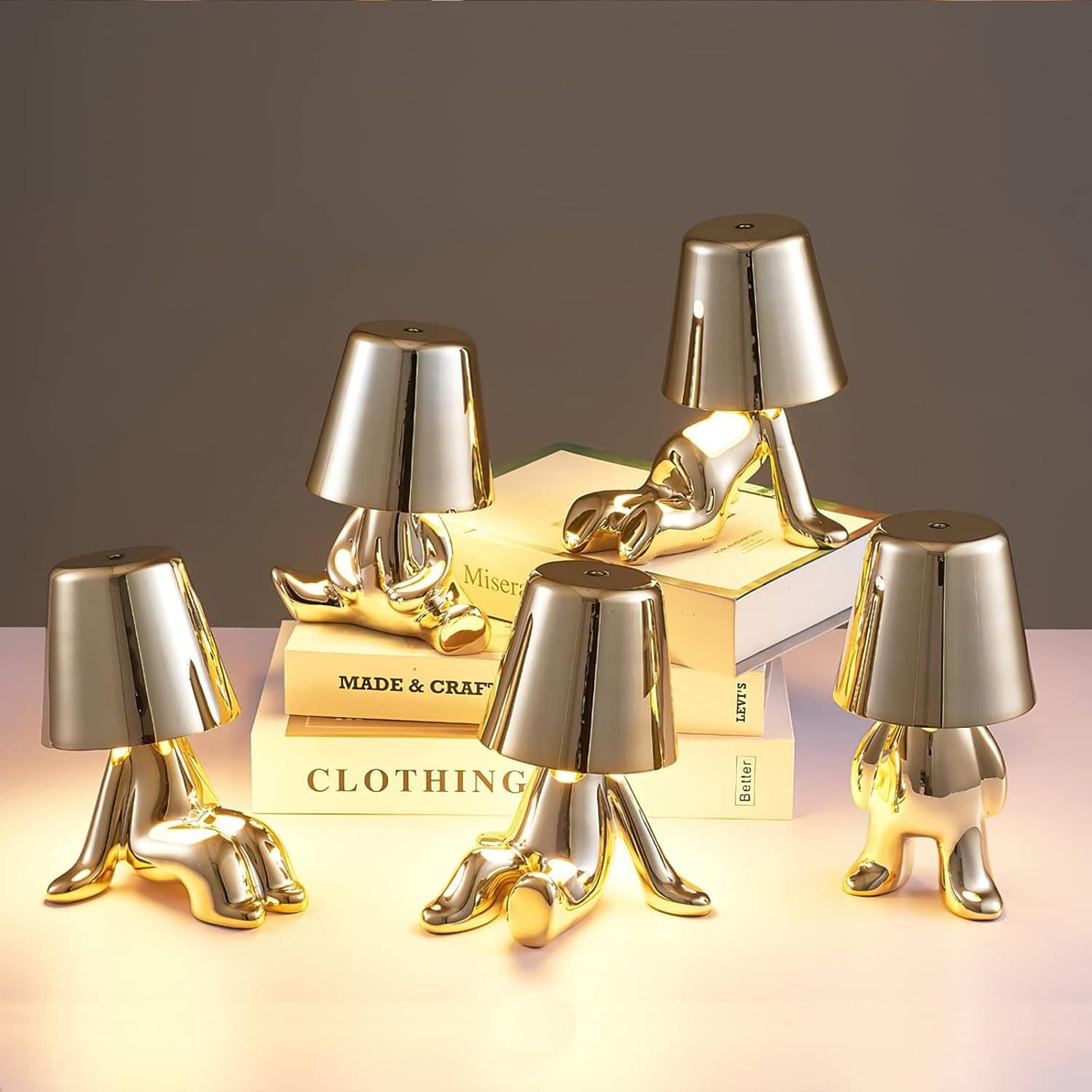 Bedside Touch Control Desk Lamp, Colorful Plush Little Gold Man Gold Decoration Thinker Statue LED Desk Lamp