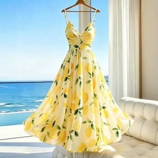 2026 Amazon EU/US Cross-Border Printed Sleeveless Dress, Lemon French Maxi Dress for Beach Vacation