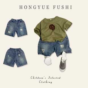 Kids Ripped Jeans 2025 Korean Trendy Cool Versatile Bermuda Shorts Boys Girls High Waist Leg-Lengthening