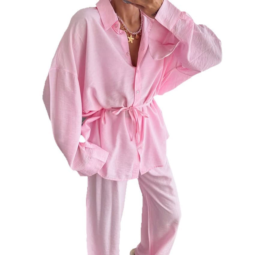 New 2025 Cross-Border EU/US Solid Color Open-Front Lapel Tie Pajama Long Sleeve Long Pants Two-Piece Loungewear Set Wholesale