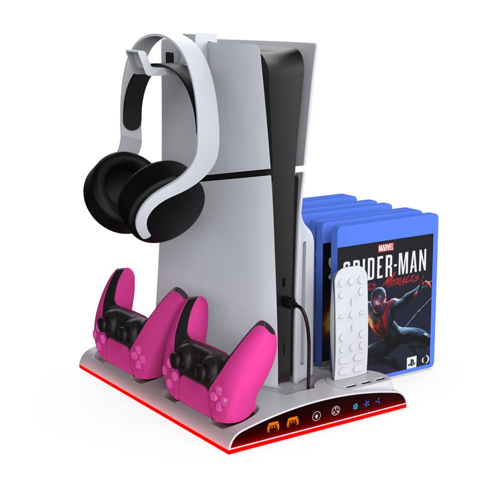 Multifunctional Stand Base for PS5 Slim/PS5 with P5 Dual Controller Charger and Headphone Storage Rack