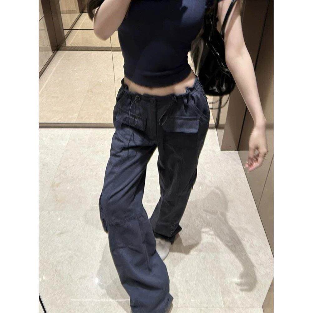 American low-waist overalls for women autumn 2026 new navy blue multi-pocket narrow version straight casual pants