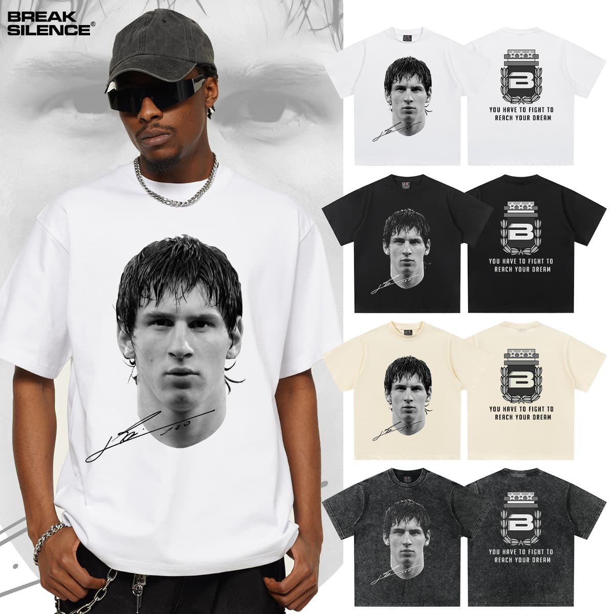 Cross-border 2025 New Messi Soccer 300g Heavyweight Small Neck Direct Spray Short Sleeve T-Shirt for Men and Women Made of Pure Cotton