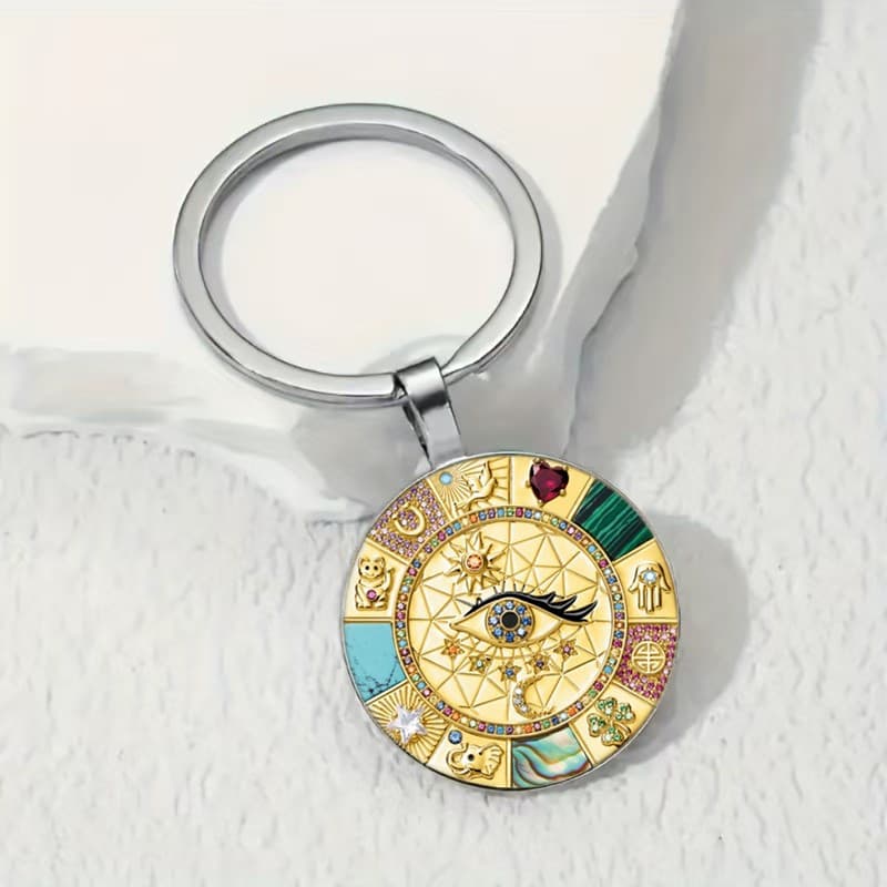 Cross-border Horus Eye Keychain Evil Eye Embossed Circle Time Gem Pendant