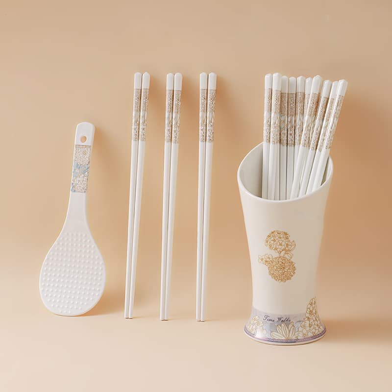 Time Walk Ceramic Chopstick Set Rice Spoon Chopstick Tube High Temperature Resistant Easy to Clean Green Branches and Green Leaves Thousand Miles of Rivers and Mountains Chopsticks