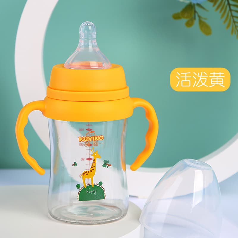 Baby Bottle Handle Glass Bottle Newborn with Straw Handle Wide Neck Glass Automatic Baby Bottle Glass Bottle